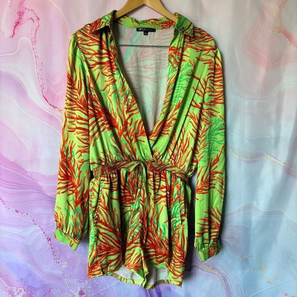 N. 1 Los Angeles L Green Orange Satin Tropical Romper Pockets Boardwalk Preppy